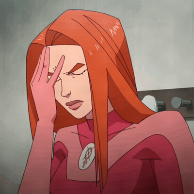 A Cartoon Of A Woman With Long Red Hair Holding Her Head GIF