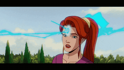 A Cartoon Of A Woman With Red Hair And A Blue Light Coming Out Of Her Head GIF