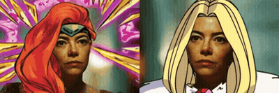 A Cartoon Of A Woman With Red Hair And Blonde Hair GIF