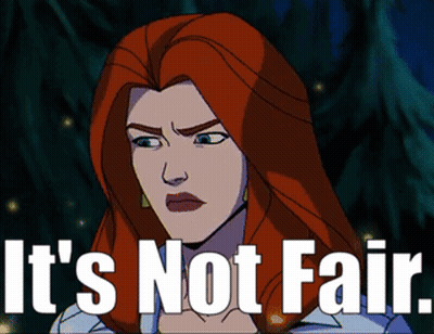 A Cartoon Of A Woman With Red Hair And The Words It 'S Not Fair GIF