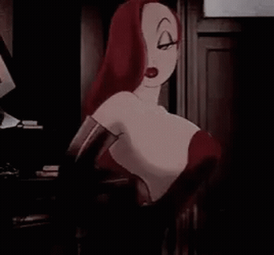 A Cartoon Of A Woman With Red Hair Is Standing In Front Of A Door In A Dark Room . GIF