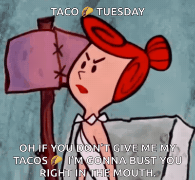 A Cartoon Of A Woman With Red Hair Says Taco Tuesday On The Bottom GIF