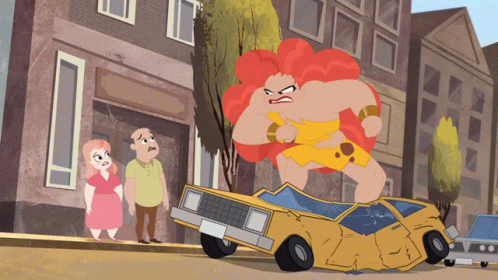 A Cartoon Of A Woman With Red Hair Standing Next To A Broken Car GIF