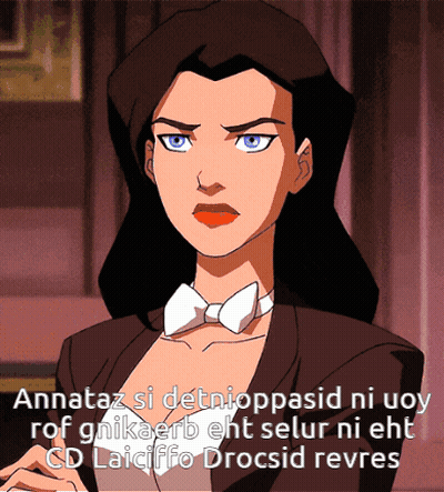A Cartoon Of A Woman With The Words " Annataz Si Detnioppasid Ni Uoy " On The Bottom GIF