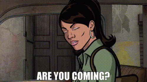 A Cartoon Of A Woman With The Words Are You Coming Below Her GIF