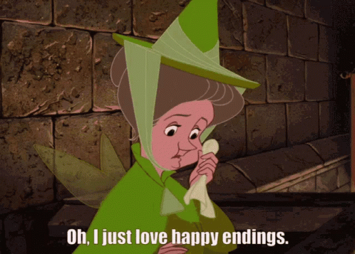 A Cartoon Of A Woman With The Words Oh I Just Love Happy Endings Below Her GIF