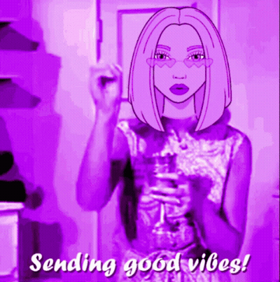 A Cartoon Of A Woman With The Words Sending Good Vibes Below Her GIF