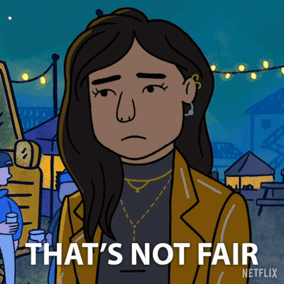 A Cartoon Of A Woman With The Words That 'S Not Fair Below Her GIF