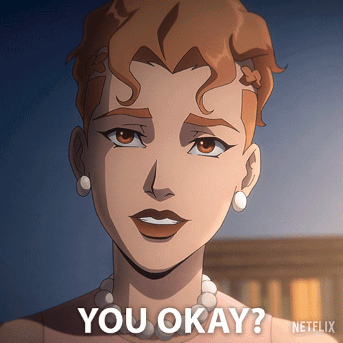 A Cartoon Of A Woman With The Words You Okay On Her Face GIF