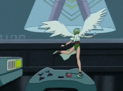 A Cartoon Of A Woman With Wings Standing On A Controller GIF