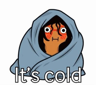 A Cartoon Of A Woman Wrapped In A Blanket With The Words " It 'S Cold " Below Her GIF