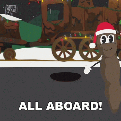 A Cartoon Of A Worm Wearing A Santa Hat With The Words All Aboard Below It GIF
