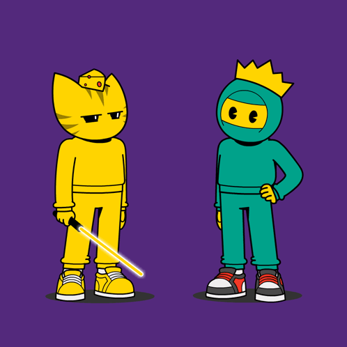A Cartoon Of A Yellow Cat Holding A Light Saber Next To A Blue Ninja GIF