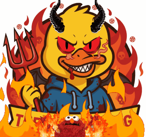 A Cartoon Of A Yellow Duck With Horns Holding A Trident In Front Of Flames GIF