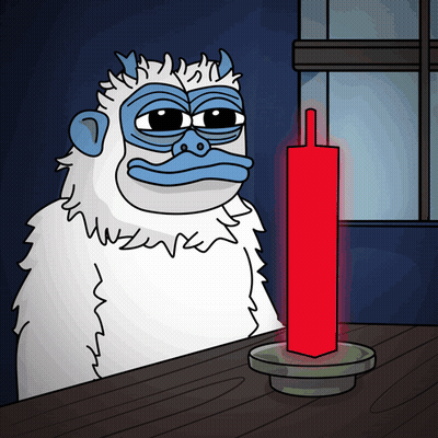 A Cartoon Of A Yeti Looking At A Red Candle On A Table GIF