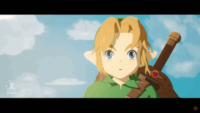 A Cartoon Of A Young Link Holding A Sword In Front Of A Blue Sky GIF