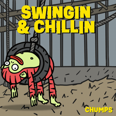 A Cartoon Of A Zombie Hanging From A Tire With The Words Swingin & Chillin On The Bottom GIF