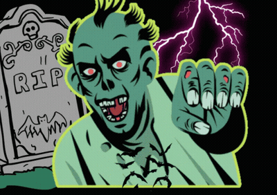 A Cartoon Of A Zombie Standing In Front Of A Gravestone That Reads Rip GIF