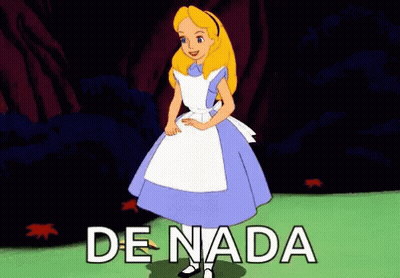 A Cartoon Of Alice From Alice In Wonderland Is Standing In A Field With The Words De Nada Written On The Bottom GIF