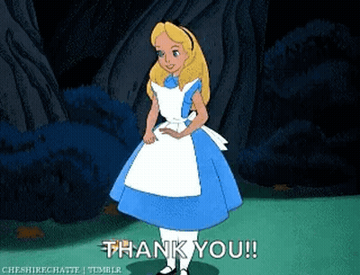 A Cartoon Of Alice From Alice In Wonderland Saying " Thank You " GIF