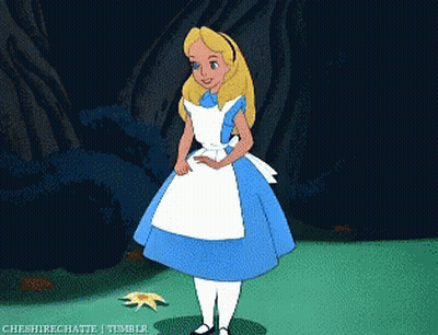 A Cartoon Of Alice From Alice In Wonderland Standing In Front Of A Tree GIF