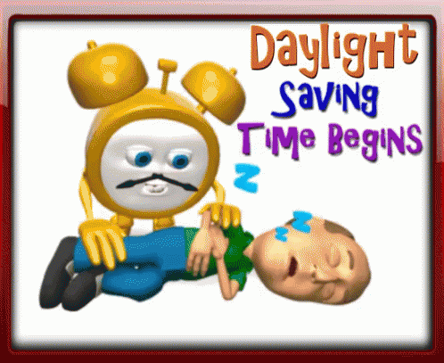 A Cartoon Of An Alarm Clock Laying On Top Of A Man With The Words Daylight Saving Time Begins Below It GIF