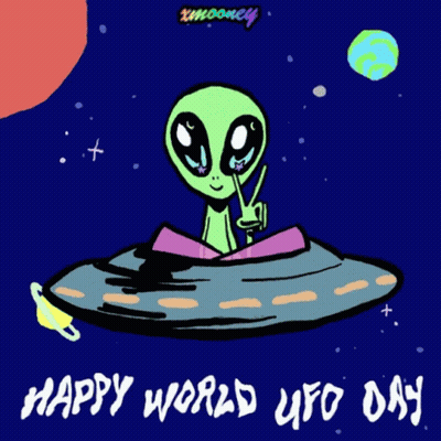 A Cartoon Of An Alien In A Flying Saucer With The Words Happy World Ufo Day GIF