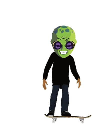 A Cartoon Of An Alien Riding A Skateboard With The Word Meet On The Board Sticker