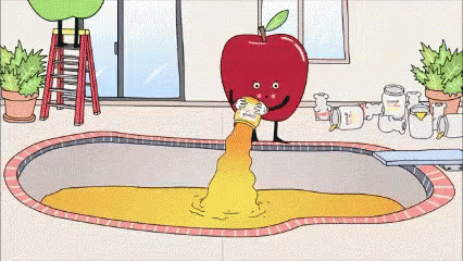 A Cartoon Of An Apple Drinking Juice From A Bottle GIF