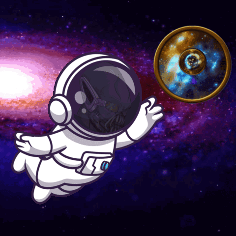 A Cartoon Of An Astronaut Flying Through Space With A Galaxy In The Background GIF