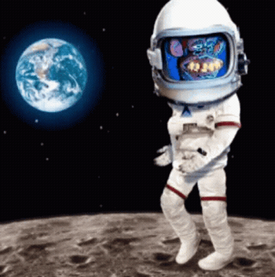 A Cartoon Of An Astronaut Standing On The Moon With The Earth In The Background GIF