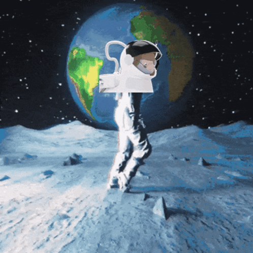A Cartoon Of An Astronaut Walking On The Moon GIF