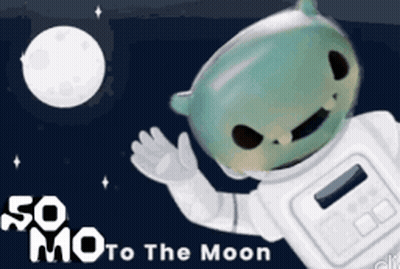 A Cartoon Of An Astronaut Waving In Front Of The Moon GIF
