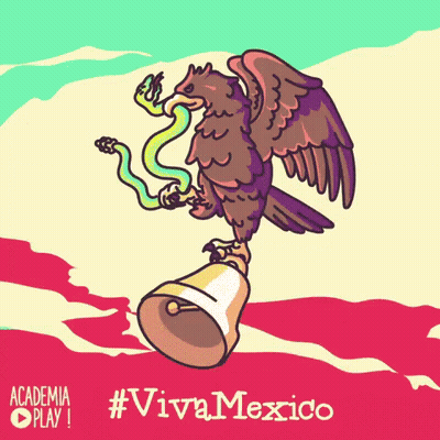 A Cartoon Of An Eagle Holding A Bell And A Snake With The Words #Viva Mexico Below It GIF