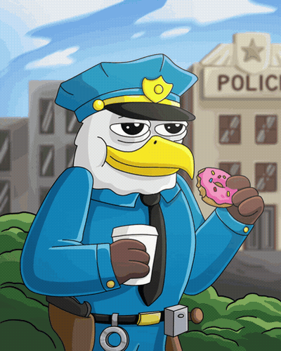 A Cartoon Of An Eagle Police Officer Eating A Donut And Drinking Coffee GIF