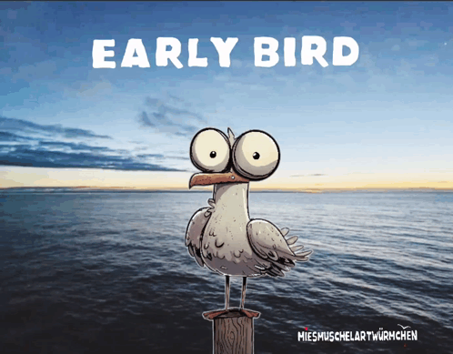 A Cartoon Of An Early Bird Standing On A Pole GIF