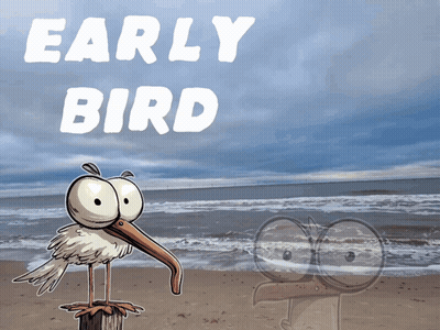 A Cartoon Of An Early Bird Standing On A Post On A Beach GIF
