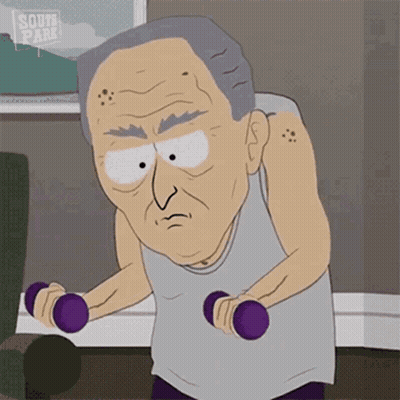 A Cartoon Of An Elderly Man Lifting Dumbbells From South Park GIF