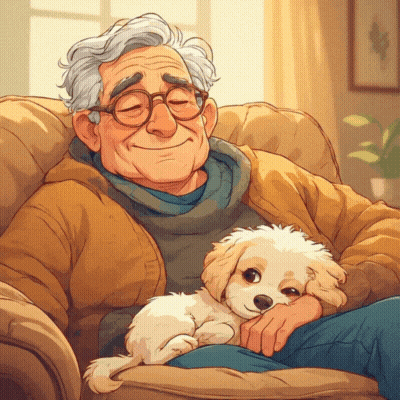 A Cartoon Of An Elderly Man Sitting In A Chair With His Eyes Closed Holding A Small Dog GIF