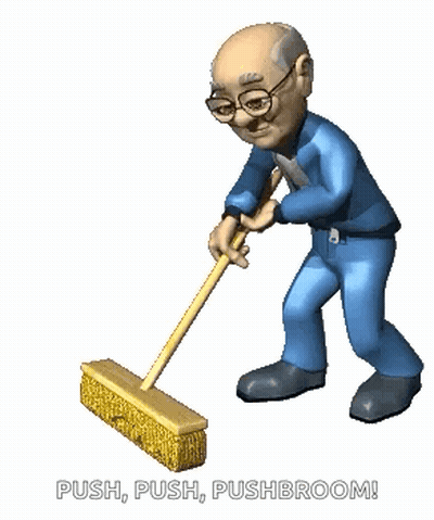 A Cartoon Of An Elderly Man Sweeping The Floor With The Words Push Push Pushbroom Behind Him GIF