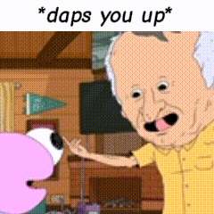 A Cartoon Of An Elderly Man Talking To A Pink Cartoon Character With The Words * Daps You Up * Below Him GIF