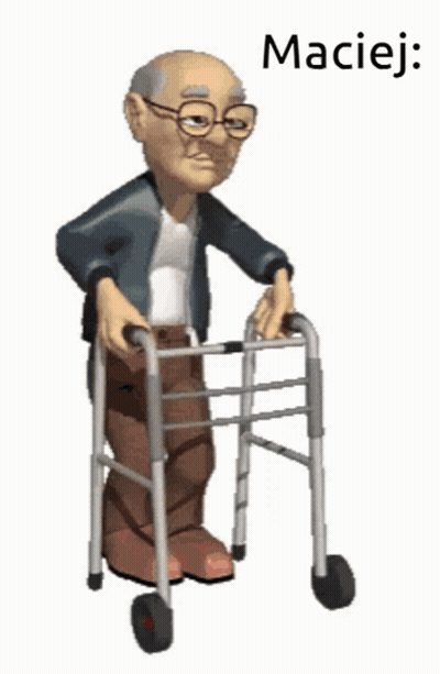 A Cartoon Of An Elderly Man Using A Walker With The Word Maciej Written Below Him GIF