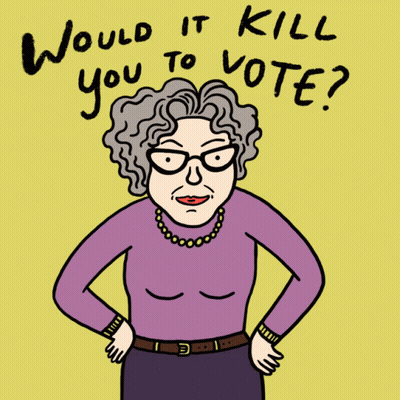 A Cartoon Of An Elderly Woman Giving The Middle Finger And The Words " Would It Kill You To Vote " GIF