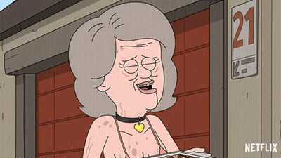 A Cartoon Of An Elderly Woman Holding A Plate Of Food In Front Of A Sign That Says Netflix GIF
