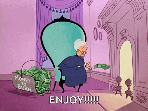 A Cartoon Of An Elderly Woman Sitting In A Chair Next To A Fireplace With A Bucket Full Of Money . GIF
