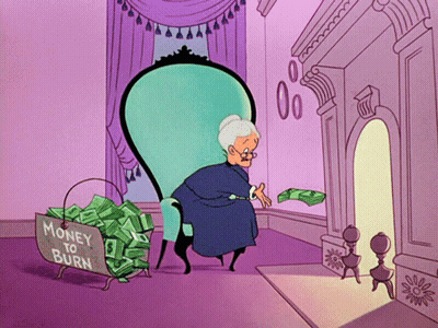 A Cartoon Of An Elderly Woman Sitting In A Chair With A Basket Of Money To Burn GIF