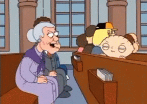 A Cartoon Of An Elderly Woman Sitting In A Church Talking To A Baby Stewie GIF