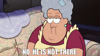 A Cartoon Of An Elderly Woman Sitting On A Couch Says No He Is Not There GIF