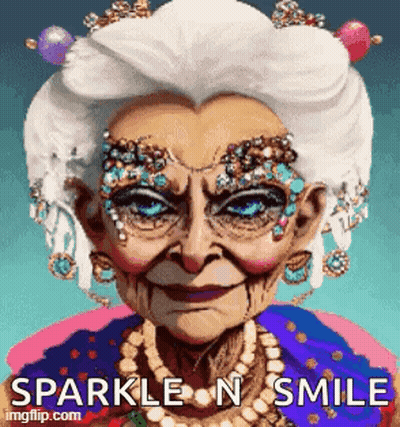 A Cartoon Of An Elderly Woman With Rhinestones On Her Face And A Necklace . GIF