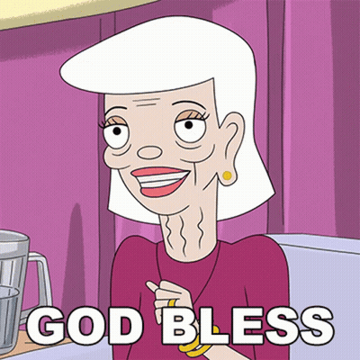 A Cartoon Of An Elderly Woman With The Words God Bless Written Below Her GIF